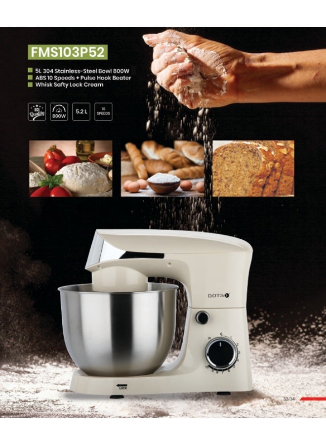 دوتس عجانة كهربائي 800 واط، مع وعاء من الفولاذ المقاوم للصدأ سعة5 لتر، 10 إعدادات للسرعة، تصميم أنيق للخبز المتنوع والخلط والعجن، مثالي للخبز-FMS103P52 - كريمي - Image 2